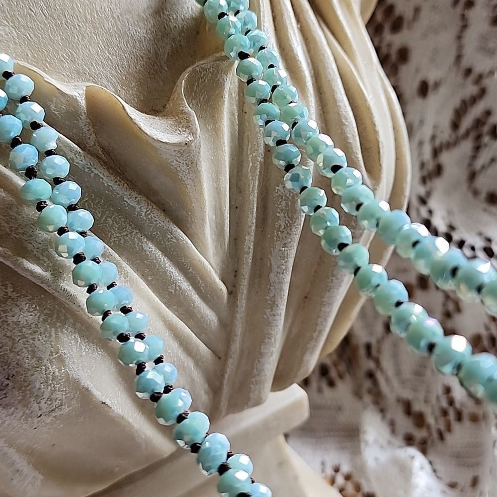 Vintage Knotted Faceted Aqua Aurora Borealis Long Strand Beaded Necklace